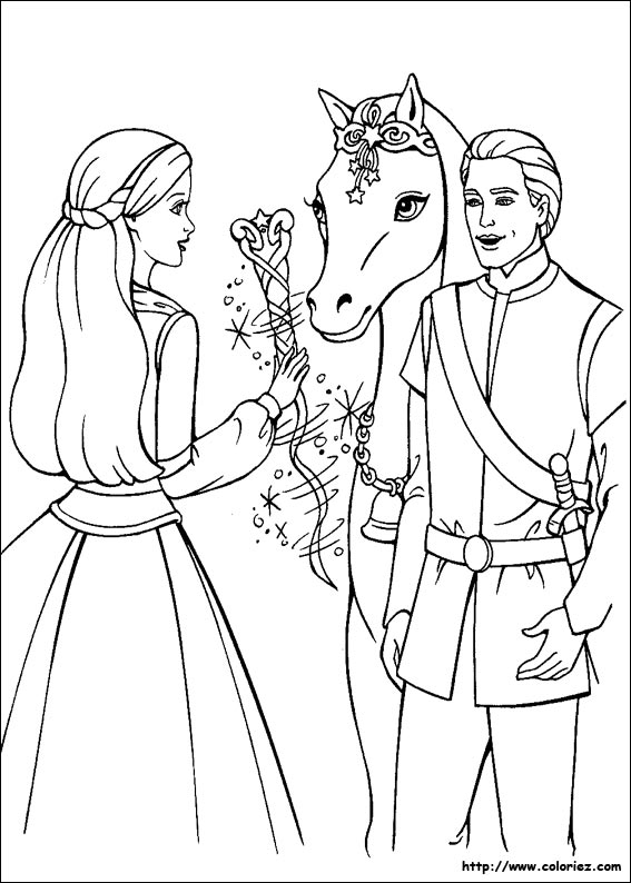 Tranh tô màu chú ngựa đứng cạnh hoàng tử và công chúa