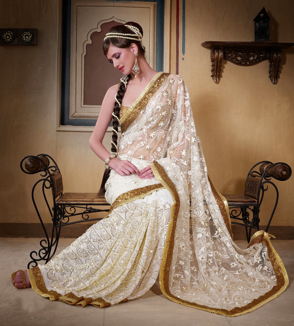 Garden White Saree Collection For Party Eid And Christmas Wearing