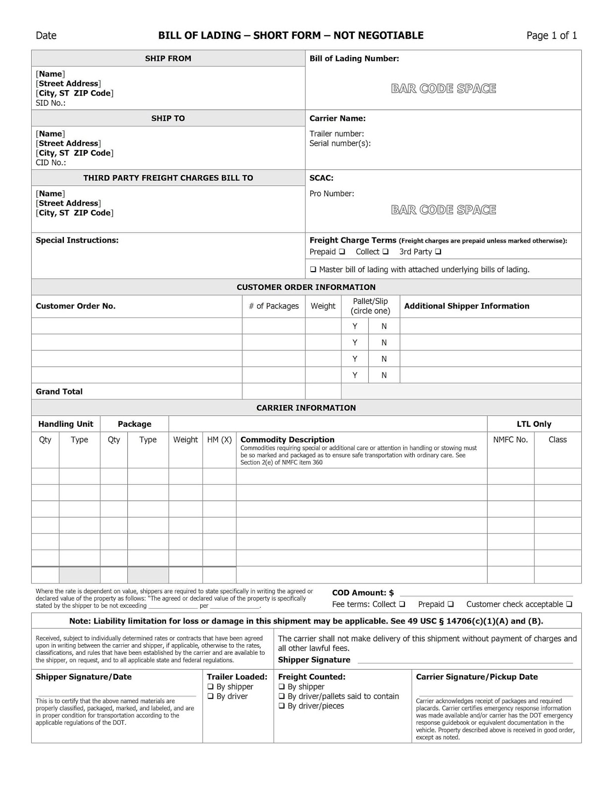 Straight Bill Of Lading Template Excel