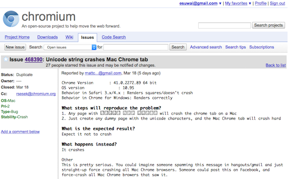 Issue 468390 - chromium - Unicode string crashes Mac Chrome tab - An open-source project to help move the web forward. - Google Project Hosting