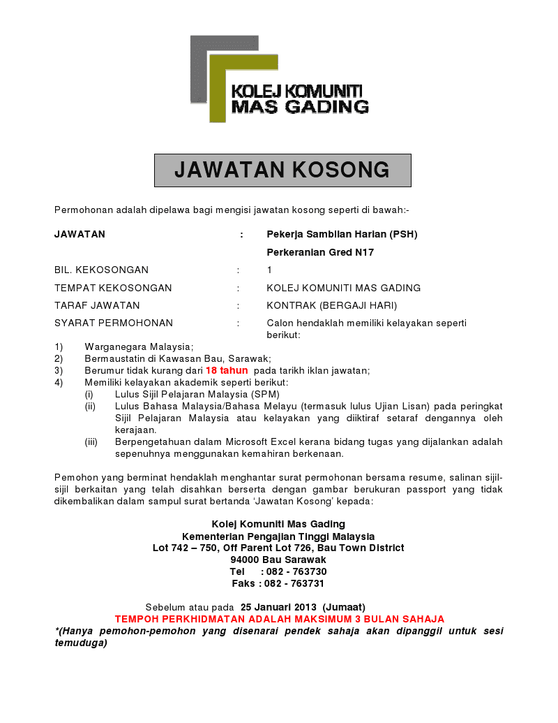 Jawatan Kosong Di Kolej Komuniti Mas Gading (SARAWAK) - 25 