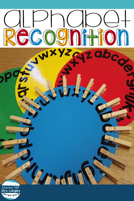 This blog posts highlights a week of lesson ideas and activities for kindergarten with a special focus on letter naming fluency and alphabet recognition. These printables make for easy prep centers that can be used as an activity or an assessment. These hands on activities could also be used as an intervention for students who struggle with letter recognition in kindergarten or first grade. #alphabet #kindergarten #kindergartenteacher #centers #letterrecognition