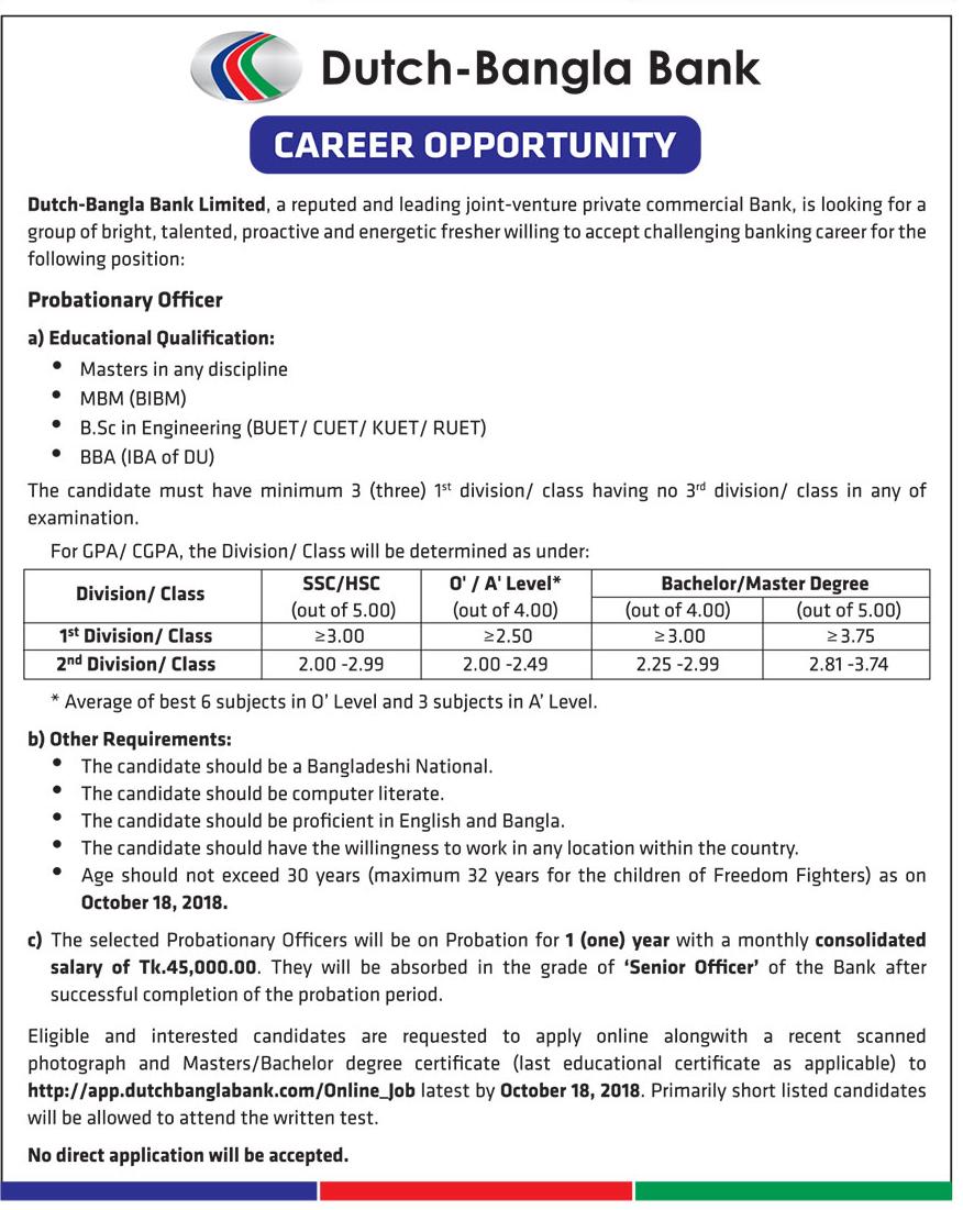 Dutch Bangla Bank Limited (DBBL) Job Circular 2018 Dutch Bangla Bank Limited (DBBL) Job Circular 2018
