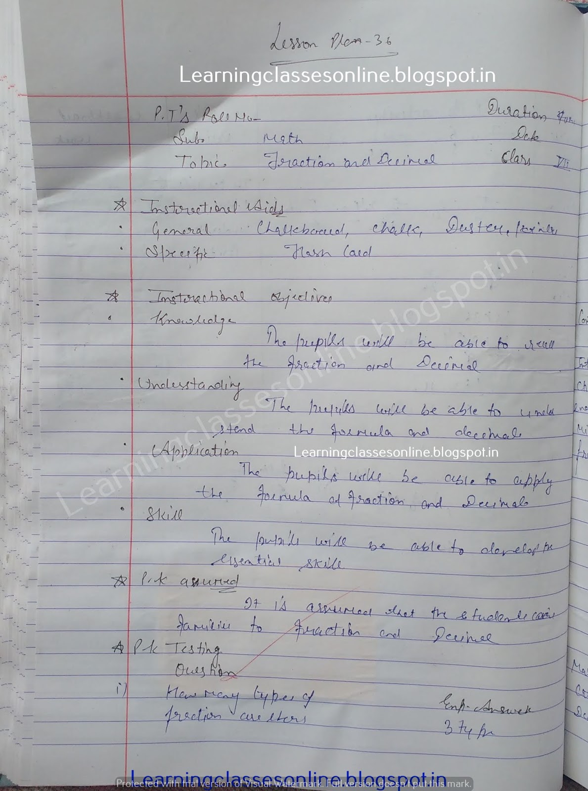Math Lesson Plan on Fraction and Decimal Math Lesson Plan on Fraction and Decimal - b.Ed Mathematics Lesson Plan in Hindi and English medium free download online pdf