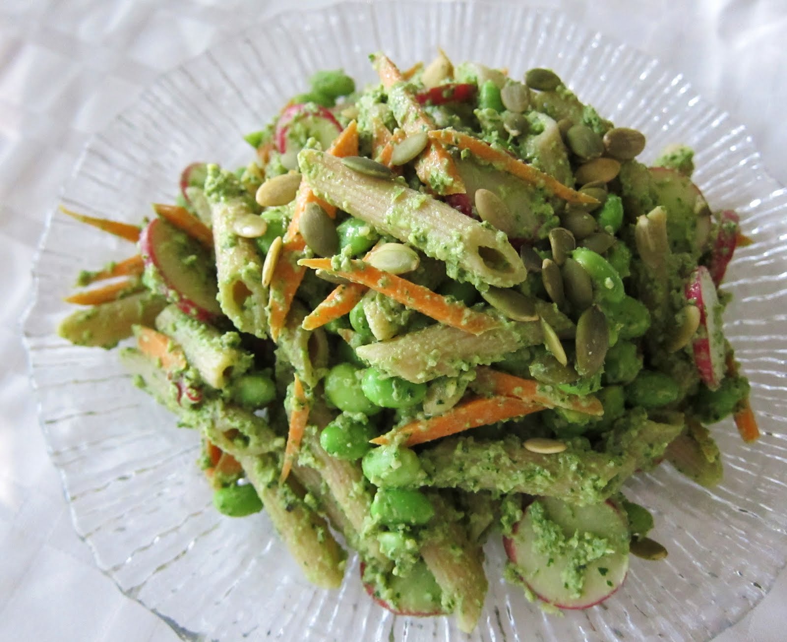 Garlic and Sea Salt Edamame Pasta Salad with Arugula Mint Pesto
