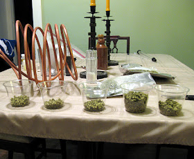 The measured out additions of brew day hops.