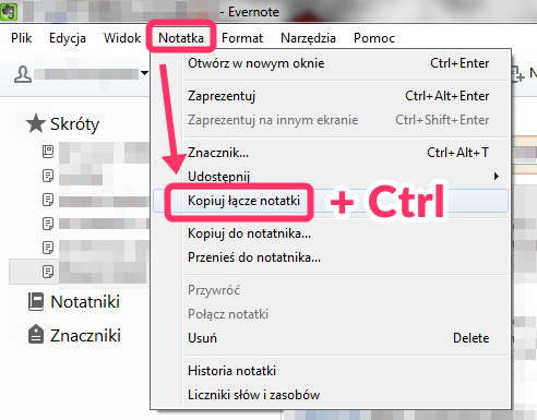jak skopiować łącze do notatki w Evernote