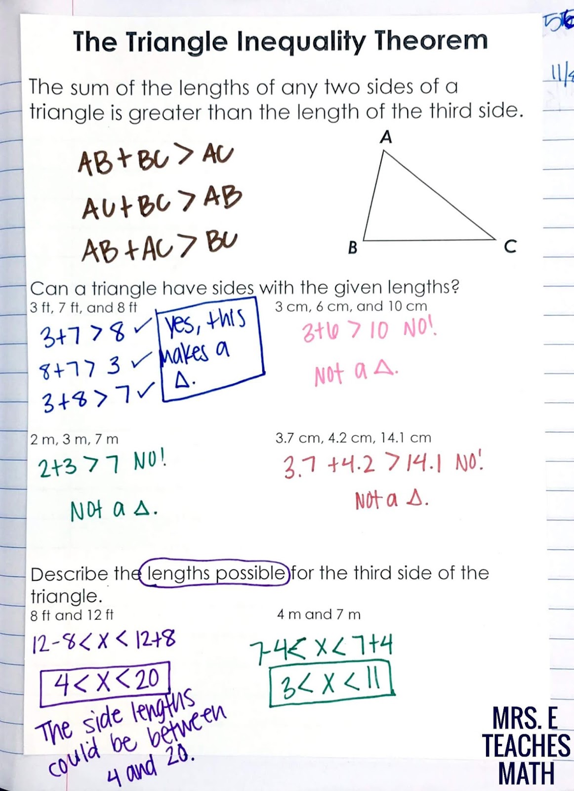 Relationships in Triangles INB Pages  Mrs. E Teaches Math With Regard To Triangle Inequality Theorem Worksheet