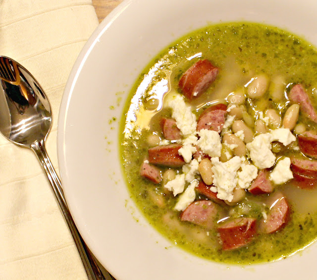 Cheese Curd In Paradise Smoked Turkey Sausage, White Bean and Pesto