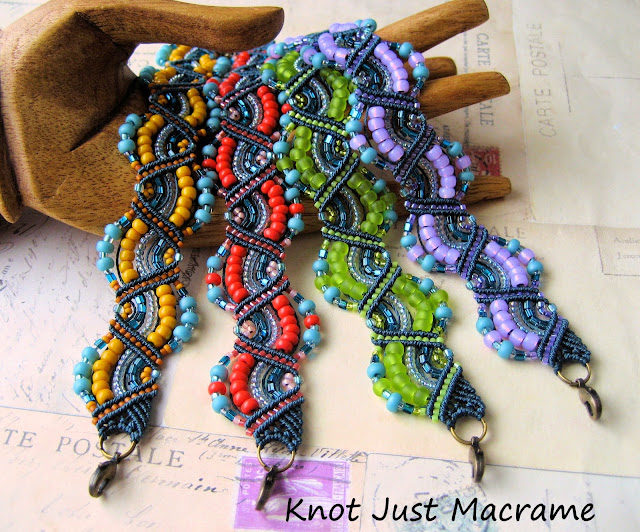 Micro macrame bracelet in deep blue and different accent colors.