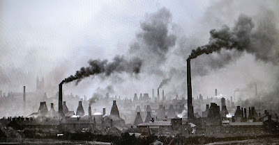 Potteries bottle ovens and smoke in the landscape of Stoke-on-Trent