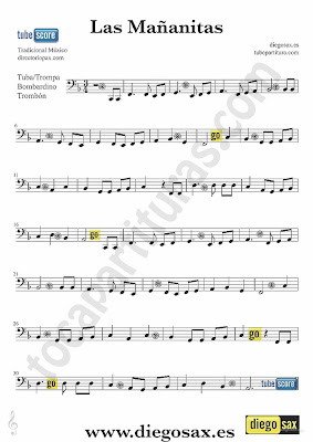 Tubepartitura Las Mañanitas del Rey David partitura para Trombón, Tuba y Bombardino canción Mariachi tradicional de México
