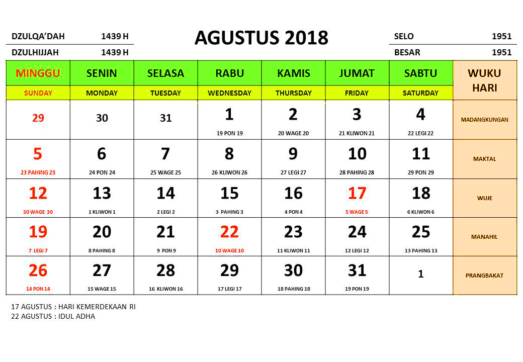 Kalender tahun 2018 masehi islam jawa dan libur nasional 