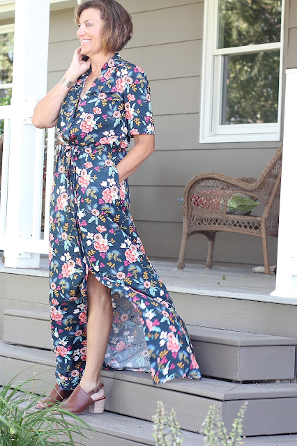 Style Maker Fabrics' Les Fleurs Birch Floral Rayon Navy sewn into a Simplicity 8084  maxi dress, designed by Mimi G