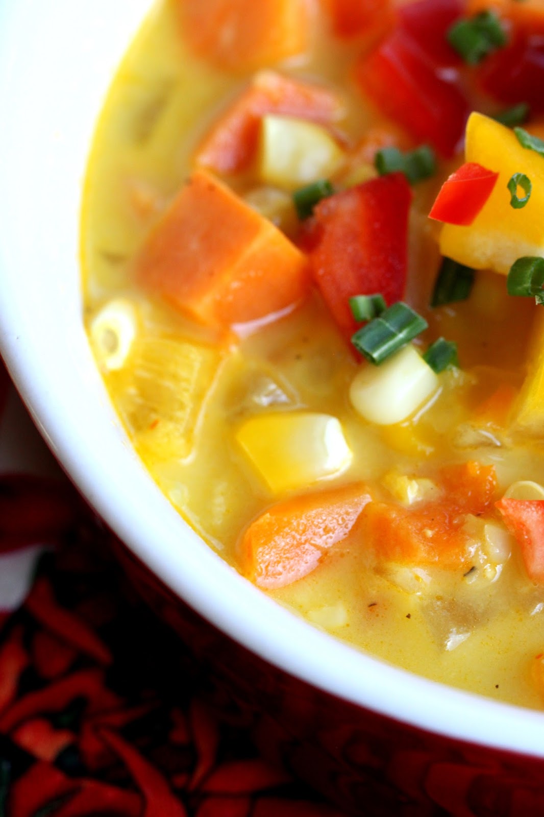 Corn and Sweet Potato Chowder with Saffron Cream (SoupSwapParty)
