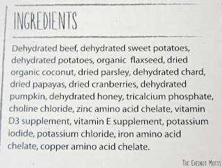 Ingredients Dehydrated beef, dehydrated sweet potatoes, dehydrated potatoes, organic flaxseed, dried organic coconut, dried parsley, etc.