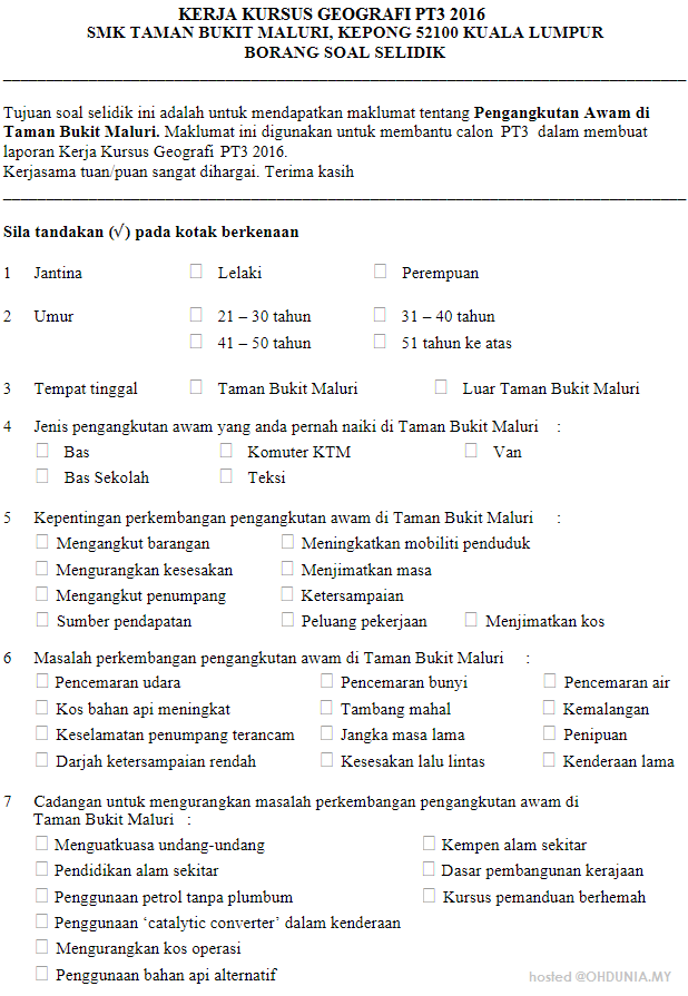 Contoh Borang Soal Selidik Pendidikan Seni Visual - Contoh O