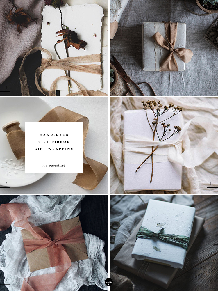 Hand-dyed silk ribbon gift wrapping idea, wabi-sabi christmas decor, unrefined luxury christmas decor, beautiful christmas gift wrapping idea.