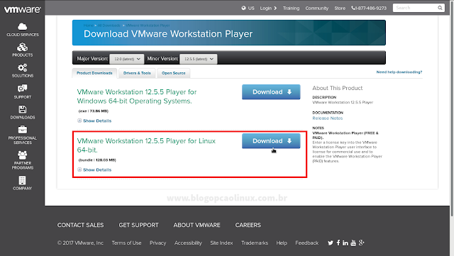 Página de download do VMware Workstation Player, em abril de 2017