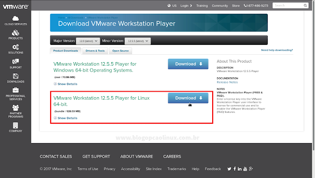 Página de download do VMware Workstation Player, em abril de 2017 Página de download do VMware Workstation Player, em abril de 2017