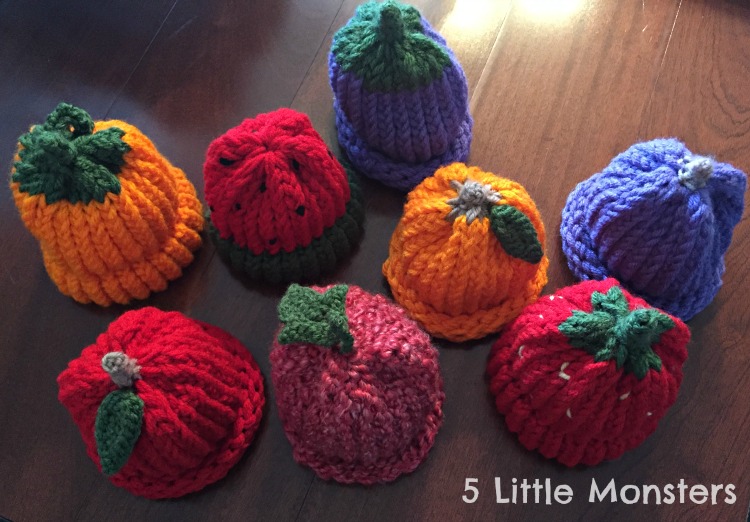 5 Little Monsters Fruit Hats on a Knitting Loom