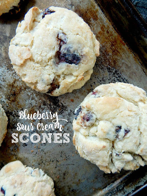 Blueberry Sour Cream Scones...soft, buttery and rich!  Plus the addition of fresh blueberries give them a juicy pop.  Easy to make and delicious to eat! (sweetandsavoryfood.com)