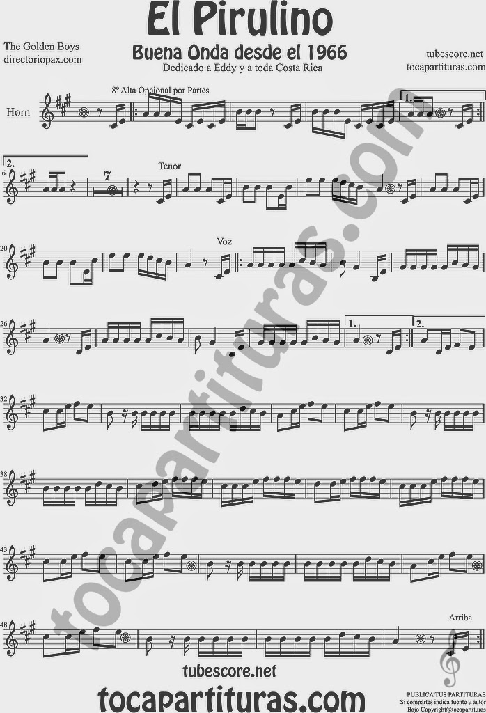 El Pirulino Partitura de Trompa y Corno Francés en Mi bemol Sheet Music for French Horn Music Scores by The Golden Boys para Costa Rica