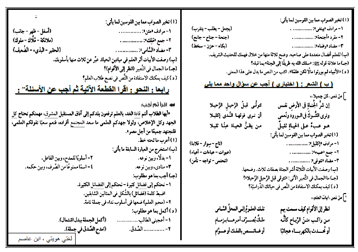 نموذج امتحان اللغة العربية للصف الثالث الاعدادى الترم الأول 2024 أ. ابن عاصم 14