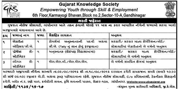 Gujarat Knowledge Society (GKS) Gandhinagar Recruitment 2016 for Account Officer and Coordinator