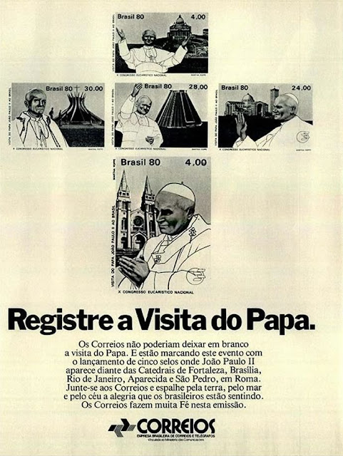 Propaganda dos Correios com selos em homenagem à visita do Papa João Paulo II ao Brasil em 1980