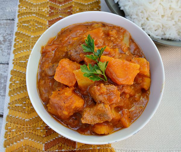 Beef and Pumpkin Stew is the best comfort food ever on a cold day - delicious combination with potatoes, tomatoes and a hint of thyme