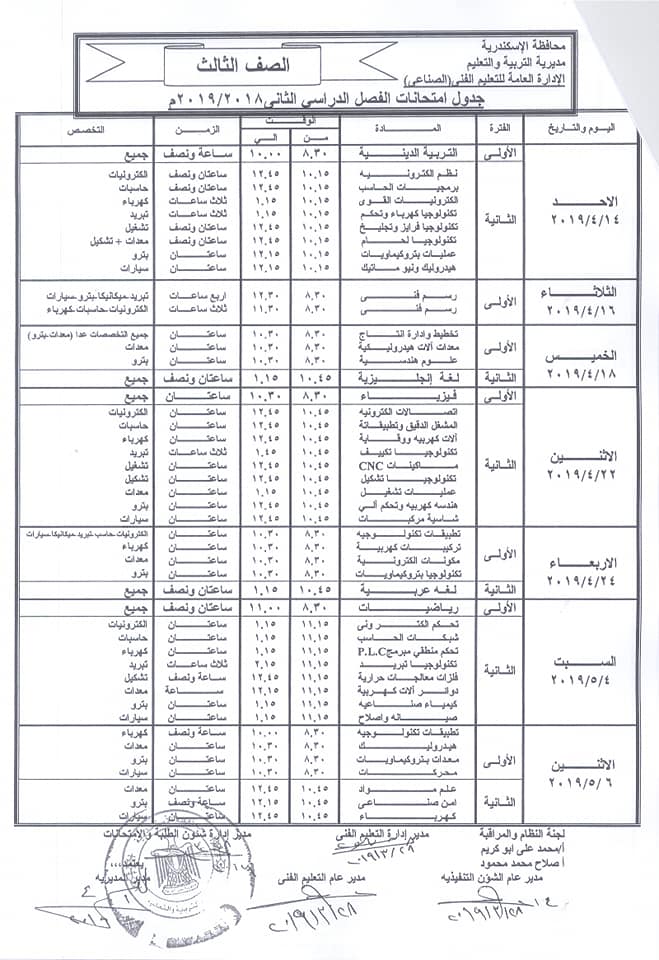 جداول امتحانات الترم الثاني 2019 للتعليم الفني محافظة الاسكندرية 1%2B%252823%2529