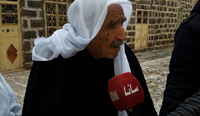 المعمر توفيق ابو محمود من مدينة شهبا بالسويداء تجاوز عمره الـ 105 سنوات و175 ابنا وحفيدا.