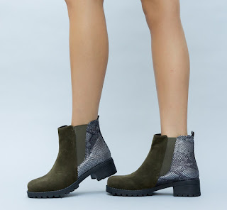 Ghete de dama de iarna din piele intoarsa verde cu model de piele de sarpe Ghete de dama de iarna din piele intoarsa verde cu model de piele de sarpe