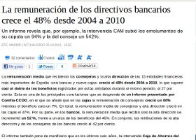 La remuneración de los directivos bancarios crece el 48% desde 2004 a 2010.