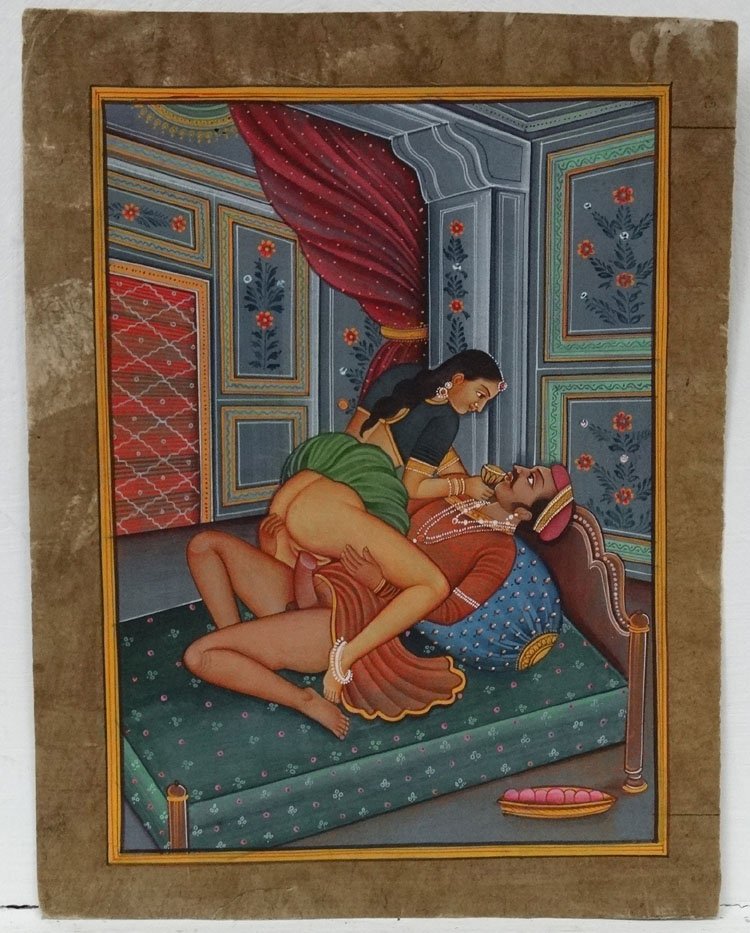 Indian mughal gouache painting on old manuscript page nude women erotic wall art