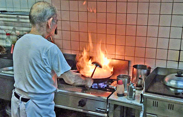chef, big fire, wok, kitchen, flames