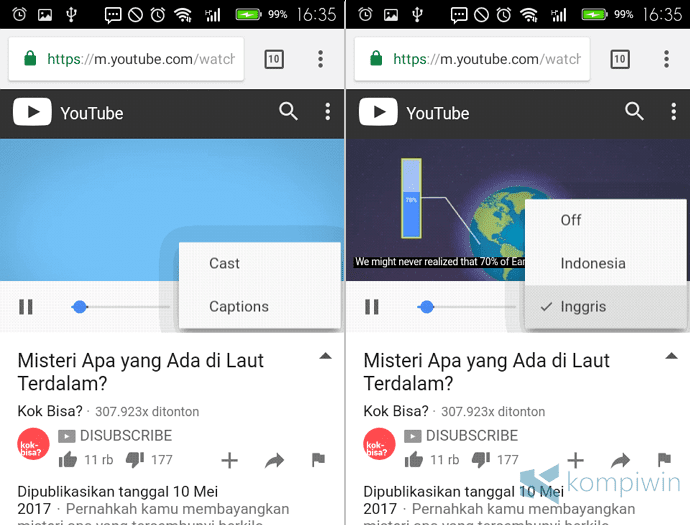 memilih subtitle youtube