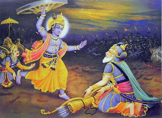 Krishna dropped the reins, leaped from the chariot, and ran toward Bhishma, whirling his discus, eager to slay him. But Arjuna ran after him, and, throwing his arms at his feet, stopped him. "Stop, O Krishna! Remember your promise not to fight;