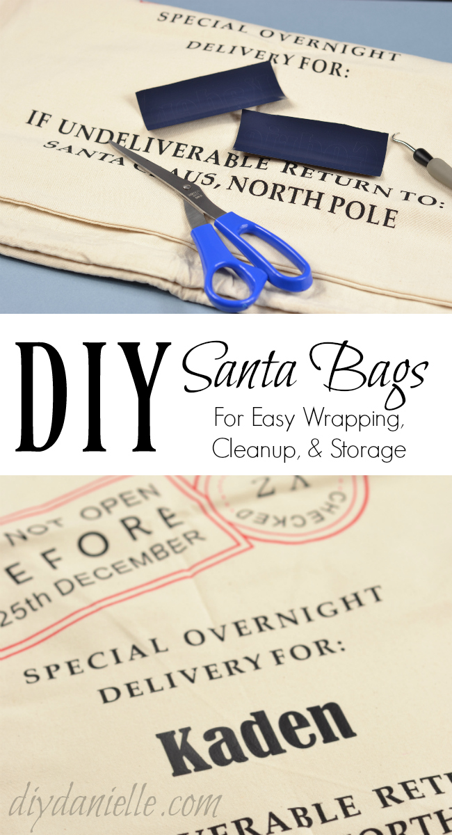 How to make Santa Bags using your Silhouette machine and iron on heat transfer vinyl. DIY Santa Bags for Easy Wrapping, Cleanup, and Storage