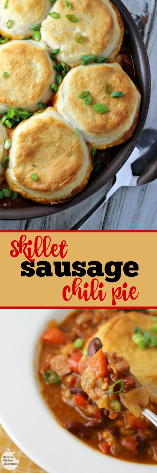 Skillet Cheesy Sausage Chili Pie | by Renee's Kitchen Adventures - Easy recipe for a one pan chili pie made with sausage and topped with biscuits and cheese! A great easy dinner recipe! #DeliciousDinners #ad #RKArecipes 