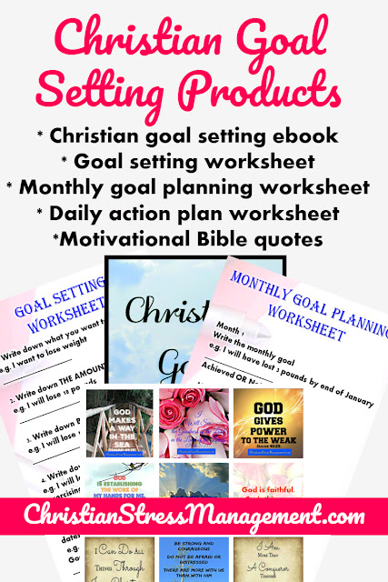 Christian Goal Setting Products bundle includes Christian Goal Setting ebook, printable goal setting worksheet, printable monthly goal planning worksheet, printable daily action plan worksheet and printable motivational Bible quotes to help you achieve your goals.