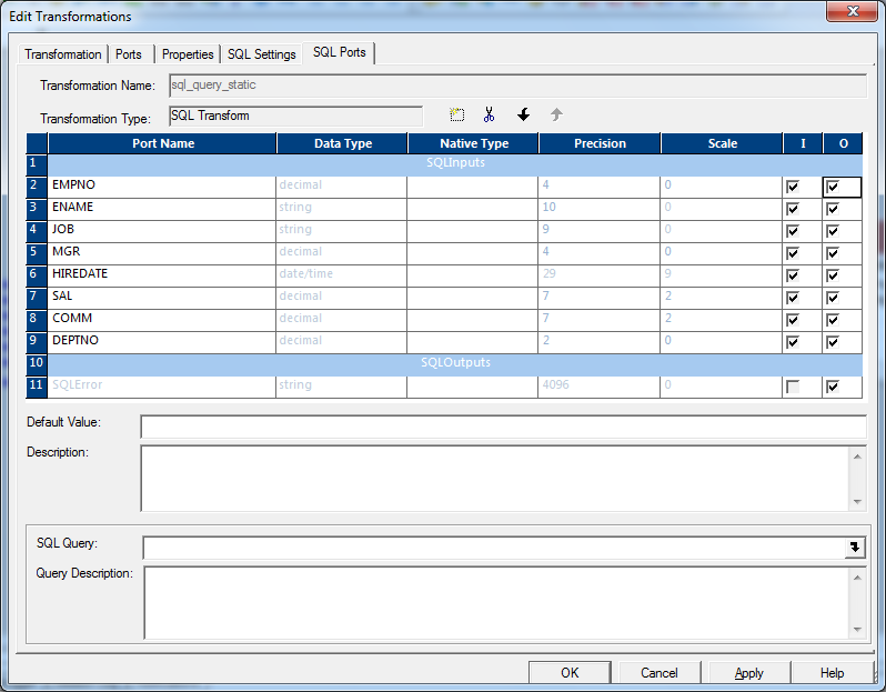 4. Drag the required ports/columns to the SQL transformation as show below