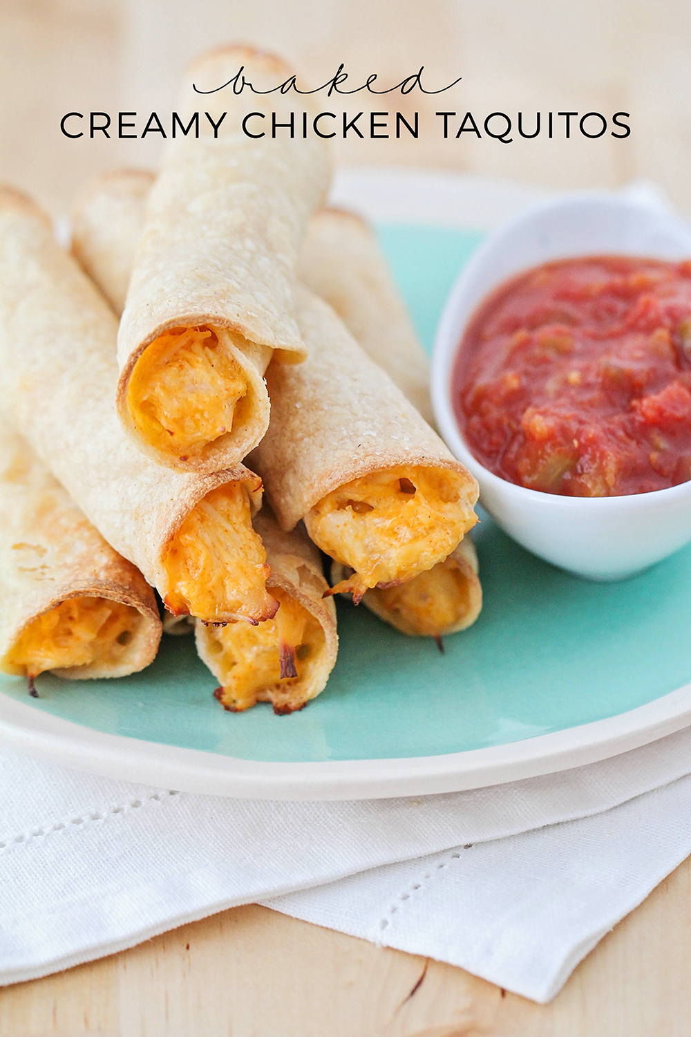 These simple and delicious baked creamy chicken taquitos take just a few minutes to make, and are the perfect quick lunch or snack!