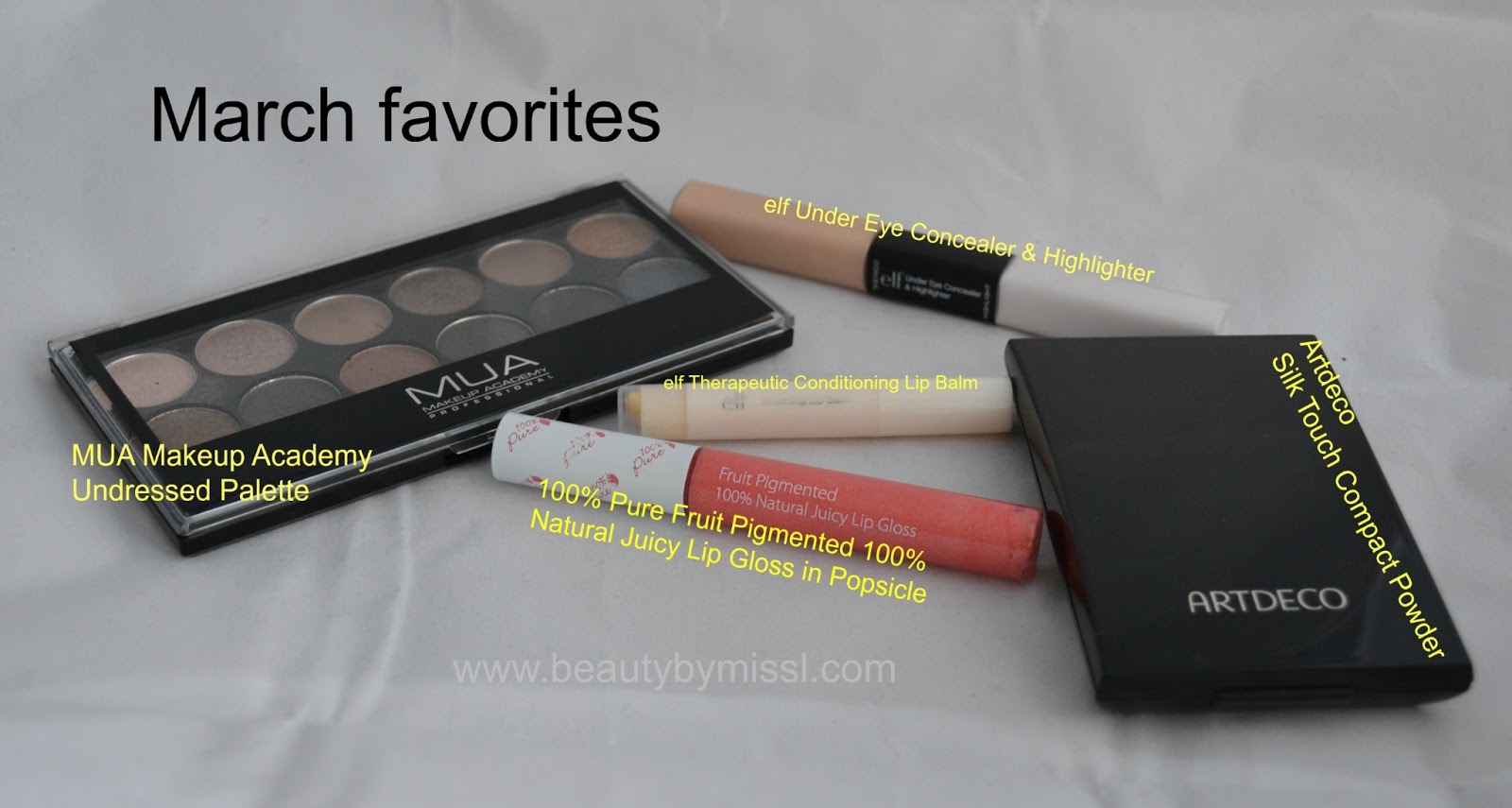 mua undressed palette, 100% pure lipgloss, artdeco powder,