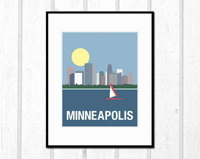 illustration of the Minneapolis skyline with a lake in the foreground