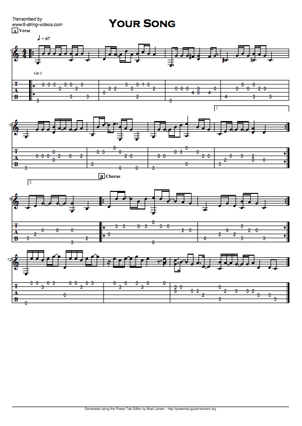 Guitar Tabs Guitar Tabs For Your Song by Elton John