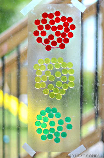 Traffic light suncatcher craft for kids from And Next Comes L