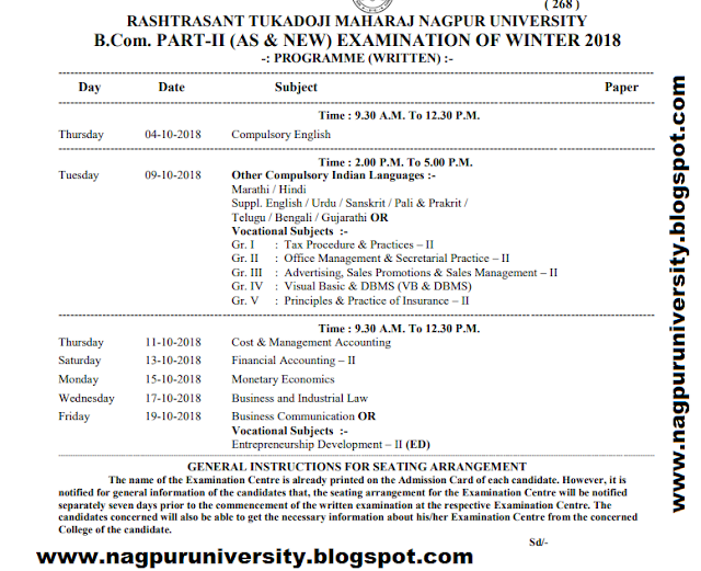Rtmnu time table b.com 2 nd year Winter 2018 nagpur university