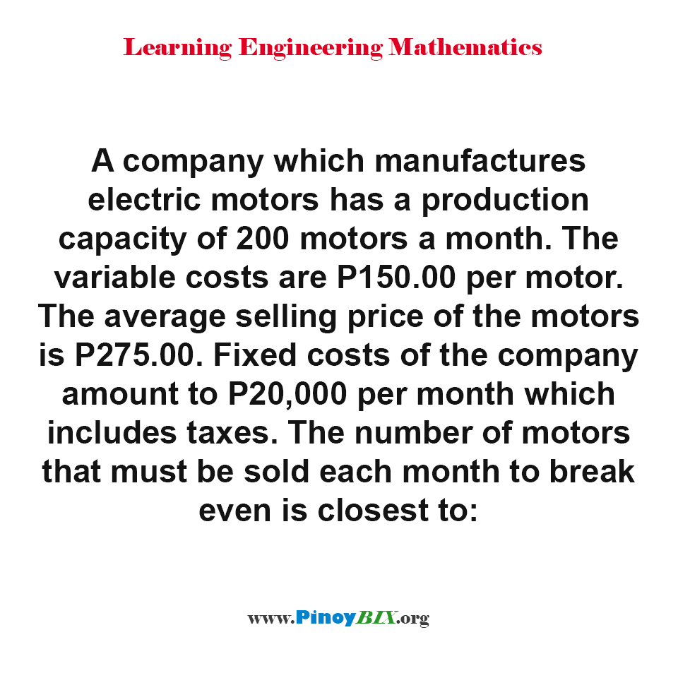 Solution What is the number of motors that must be sold each month to